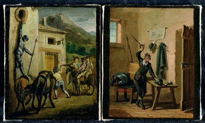 Don Chisciotte appeso alla finestra e che prepara la sua armatura, due scene dal romanzo di Cervantes da Zacarias Gonzalez Velazquez
